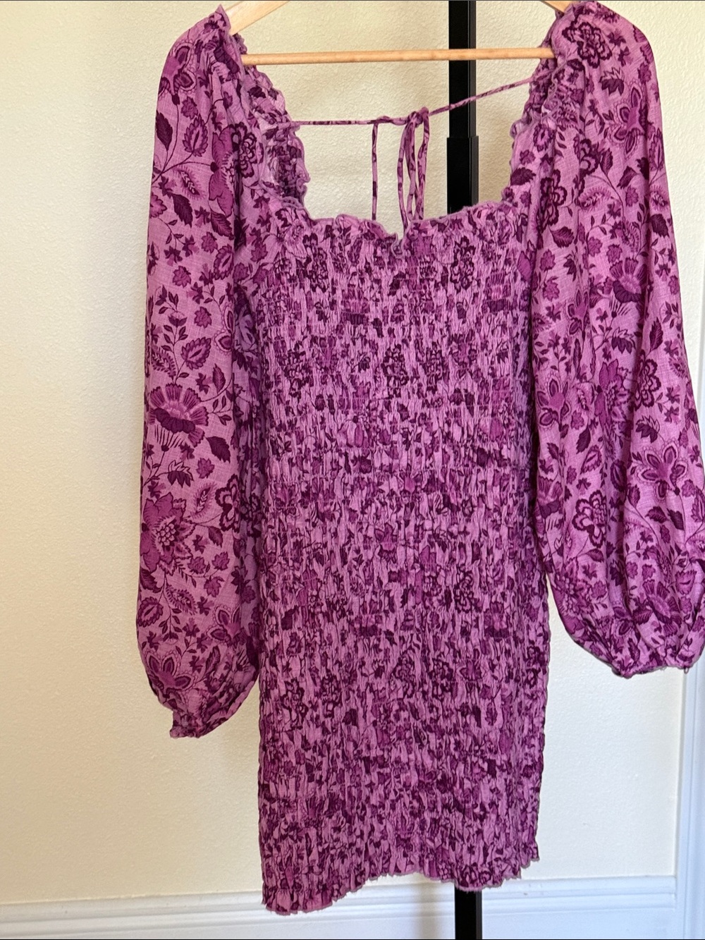 Free people 🌼Purple Floral Smocked Dress with Bishop Sleeves